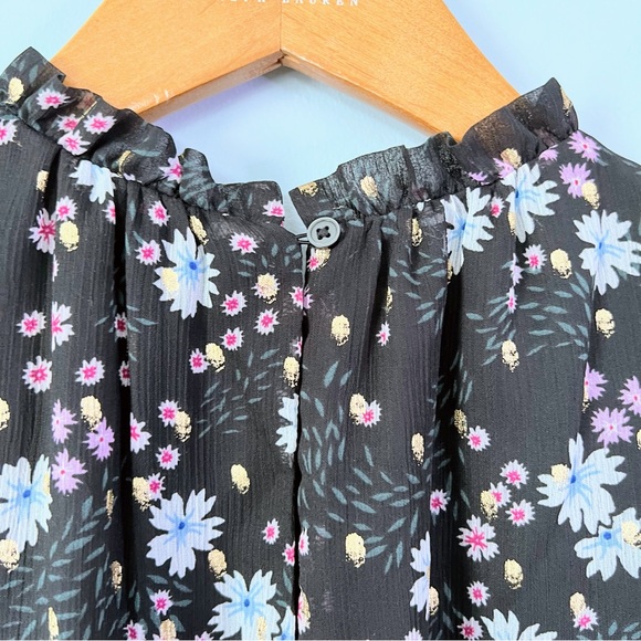 LOFT Black Floral Sparkle Ruffle Neck Peplum Blouse Size Medium Petite - Picture 6 of 10